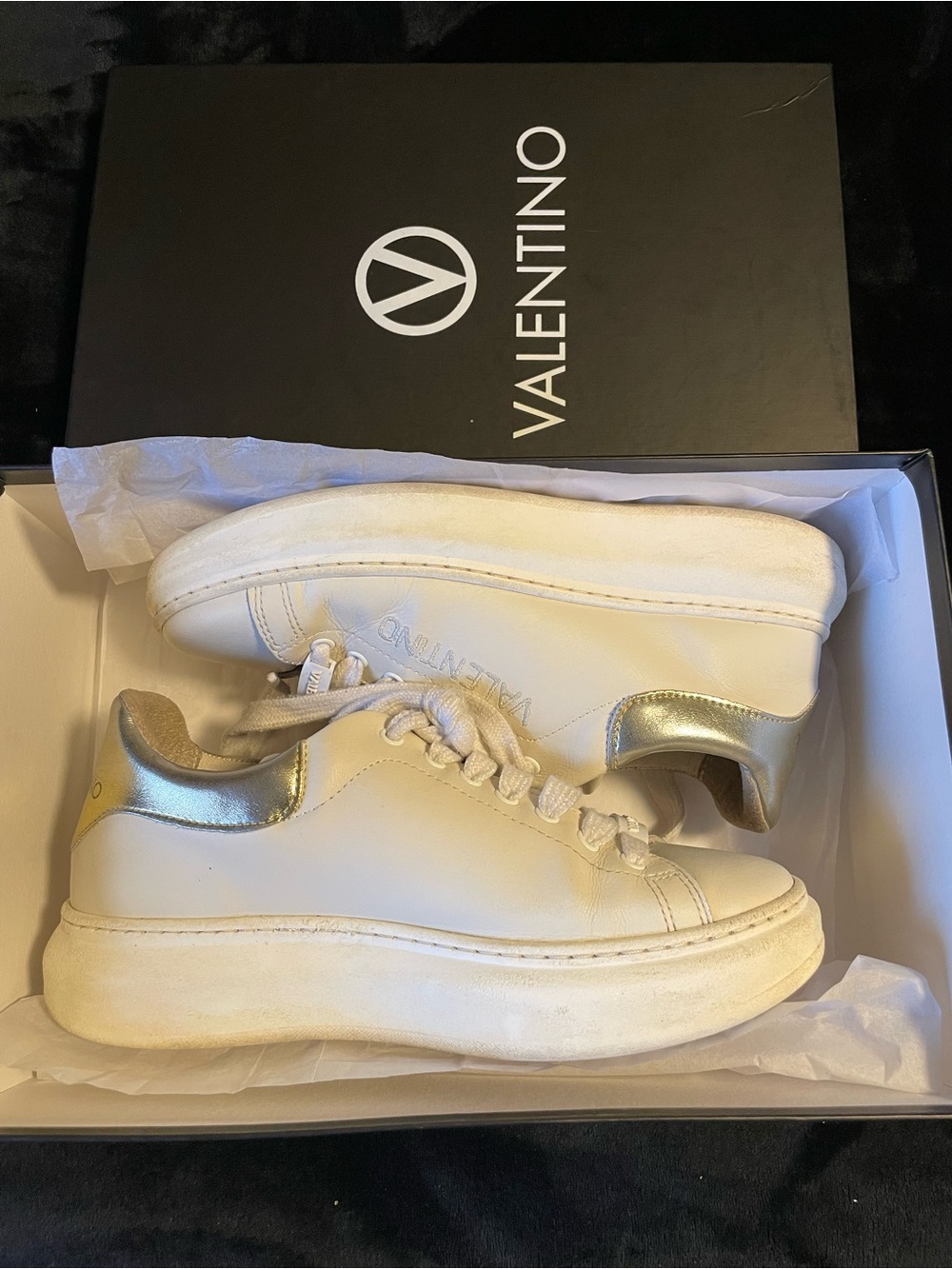 Valentino White Leather Sneakers with Metallic Gold Heel Tab